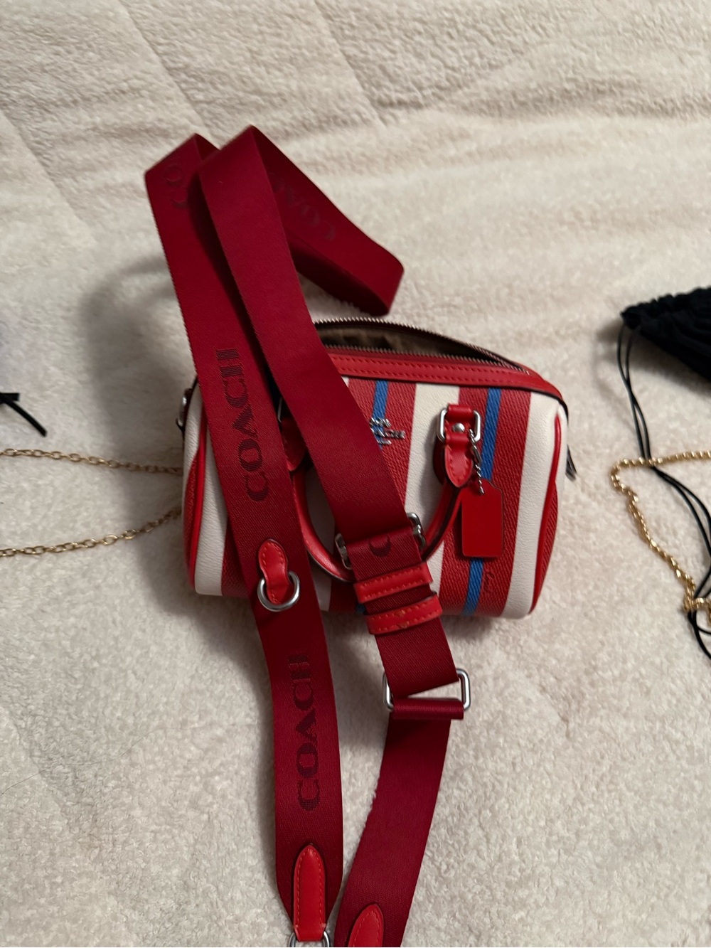 Coach Red, White and Blue Striped Camera Crossbody Bag